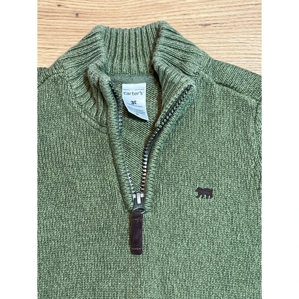 Carter's Quarter Zip Sweater Toddler 3T Olive Green Bear Logo Cotton Winter